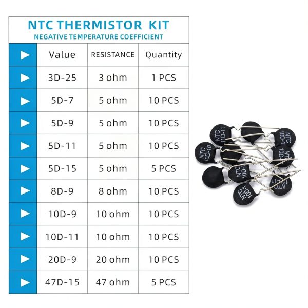 NTC Thermistor Resistors 10 Values 81 PCS Inrush Current Limiter Temperature Sensors Assorted Kit Assortment(3D-25,5D-7,5D-9,5D-11,5D-15,8D-9,10D-9,10D-11,20D-9,47D-15)-2